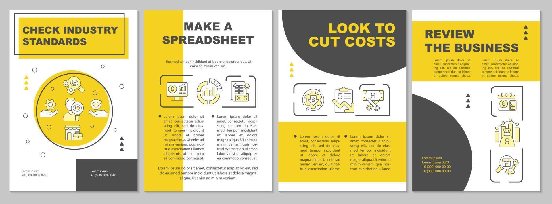 hoe u zakelijke gele brochuresjabloon kunt budgetteren. boekje afdrukontwerp met lineaire pictogrammen. vectorlay-outs voor presentatie, jaarverslagen, advertenties. arial-black, talloze pro-reguliere lettertypen gebruikt vector