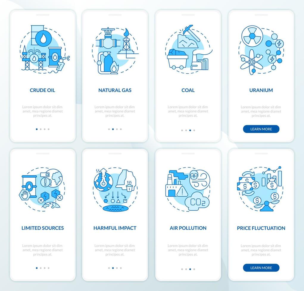 energiebronnen en ecologische problemen bij het instappen in de paginaschermset van de mobiele app. power walkthrough 4 stappen grafische instructies met lineaire concepten. ui, ux, gui-sjabloon. talloze pro-bold, reguliere lettertypen gebruikt vector