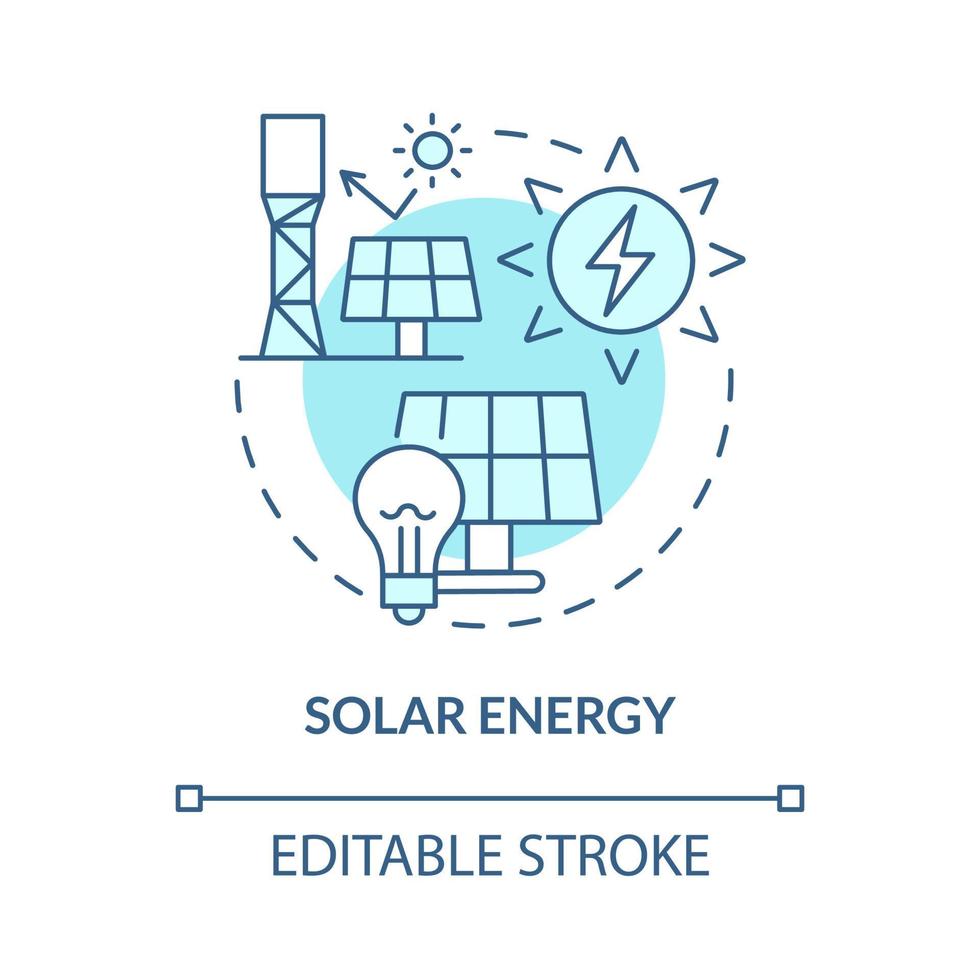 zonne-energie turkoois blauw concept icoon. milieuvriendelijke technologie. hernieuwbare energie abstracte idee dunne lijn illustratie. geïsoleerde overzichtstekening. bewerkbare streek. roboto-medium, talloze pro-bold lettertypen gebruikt vector