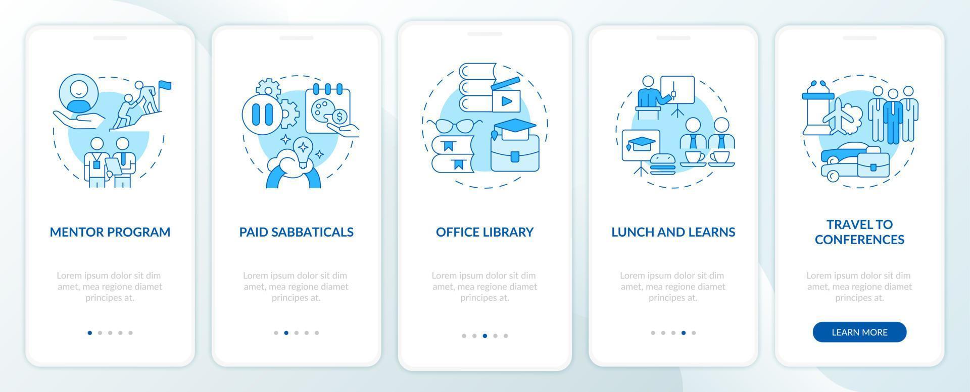 werknemer opleiding voordelen onboarding mobiele app paginascherm. lunch en leer 5 stappen grafische instructies met lineaire concepten. ui, ux, gui-sjabloon. talloze pro-bold, reguliere lettertypen gebruikt vector