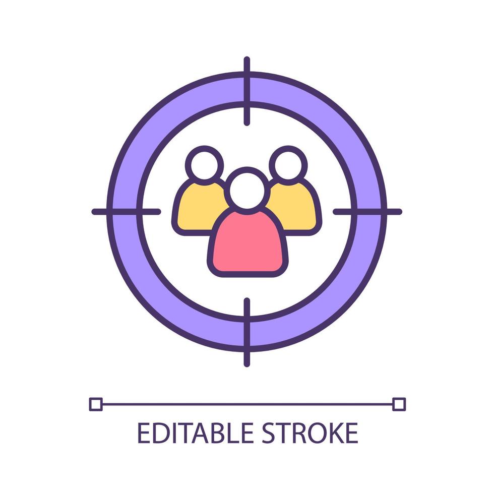 doelgroep rgb kleur icoon. klantenbestand zoeken. gerichte marketingstrategie. promotie naar klanten en consumenten. geïsoleerde vectorillustratie. eenvoudige gevulde lijntekening. bewerkbare streek vector