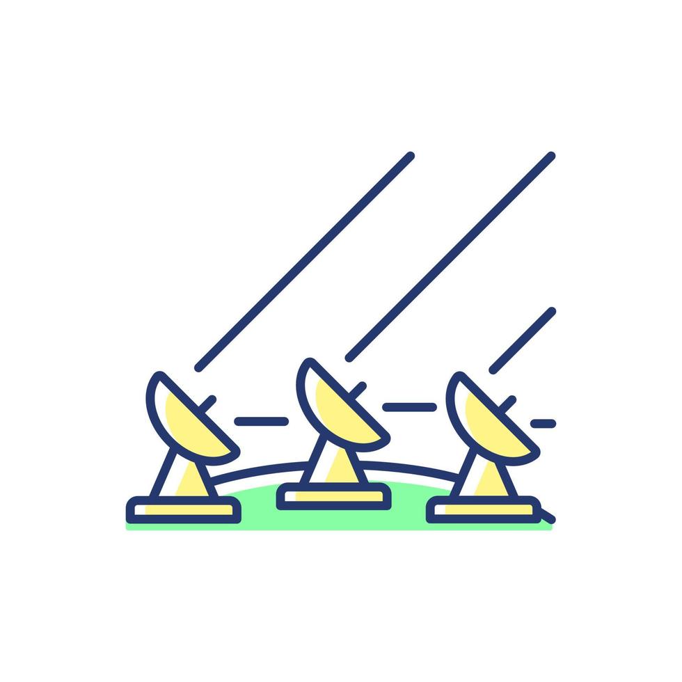 grondsatellietsysteem geel rgb-kleurpictogram. wereldwijde telecommunicatie. signaal ontvangende schotel satelliet. dunne lijn aanpasbare illustratie. geïsoleerde vectorillustratie. eenvoudige gevulde lijntekening vector