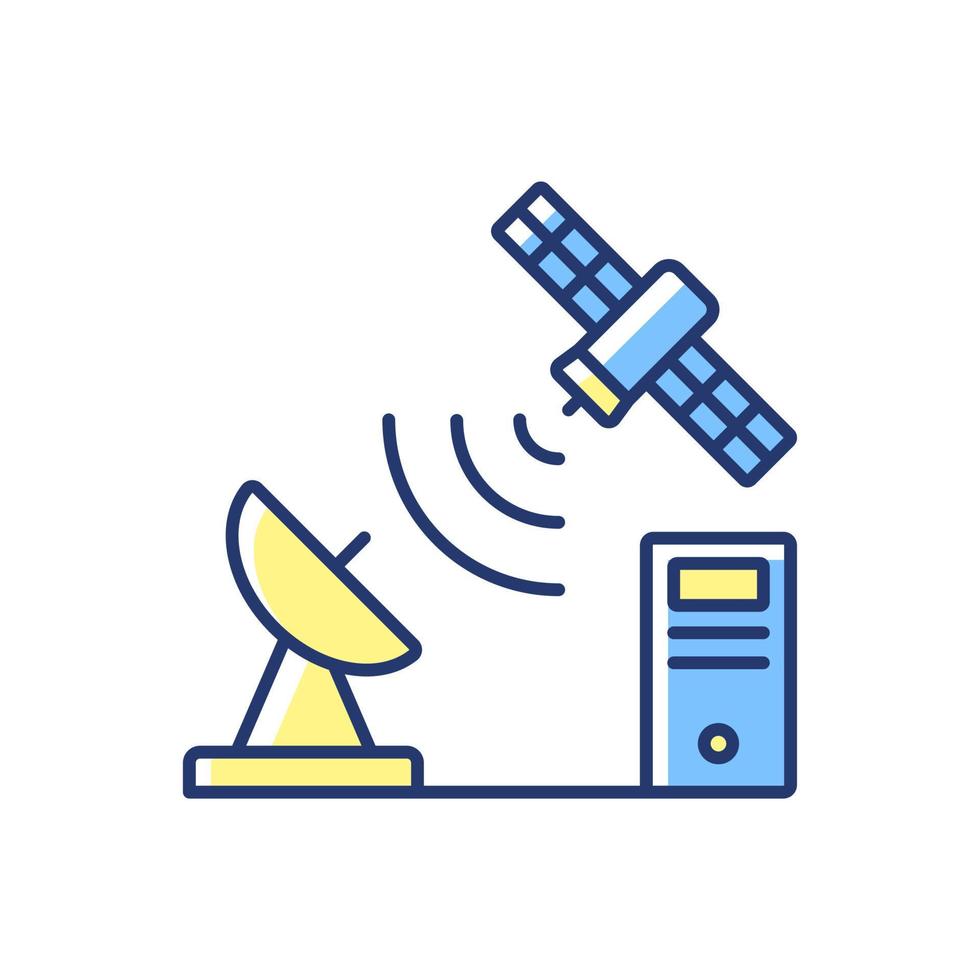 tcp via satelliet blauw, geel rgb-kleurenpictogram. transmissie controle protocol. telecommunicatie netwerk. dunne lijn aanpasbare illustratie. geïsoleerde vectorillustratie. eenvoudige gevulde lijntekening vector