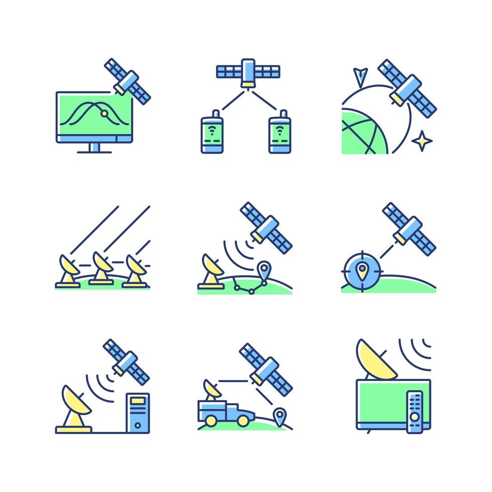 kunstmatige satellieten groen, blauw rgb kleur iconen set. satellietvolgsysteem, navigatie, positioneringssysteem. soorten satellieten. geïsoleerde vectorillustraties. verzameling eenvoudige gevulde lijntekeningen vector