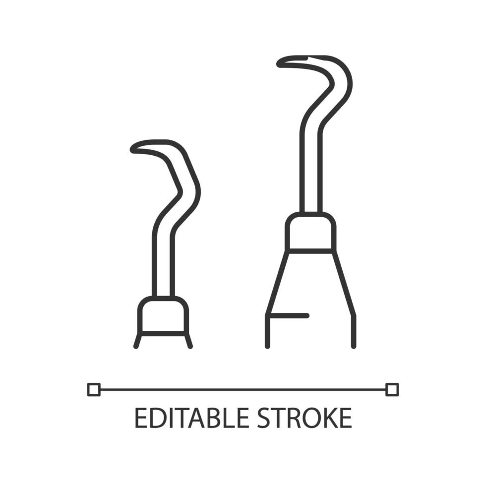 scaler en curette lineair pictogram. scherpe gereedschappen voor parodontale procedures. verwijder de opbouw van tandplak. dunne lijn aanpasbare illustratie. contour symbool. vector geïsoleerde overzichtstekening. bewerkbare streek