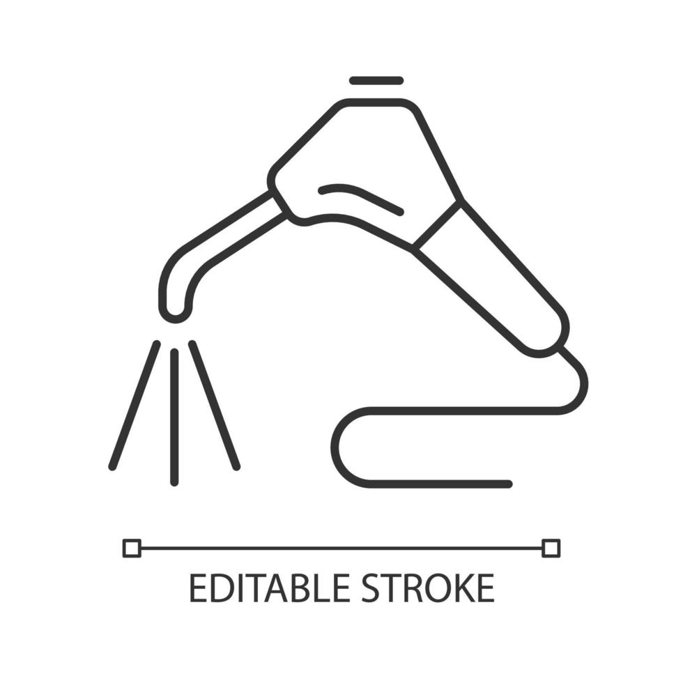 tandheelkundige watersproeier lineaire pictogram. de mond van de patiënt bevochtigen. orale irrigatie, reiniging. dunne lijn aanpasbare illustratie. contour symbool. vector geïsoleerde overzichtstekening. bewerkbare streek