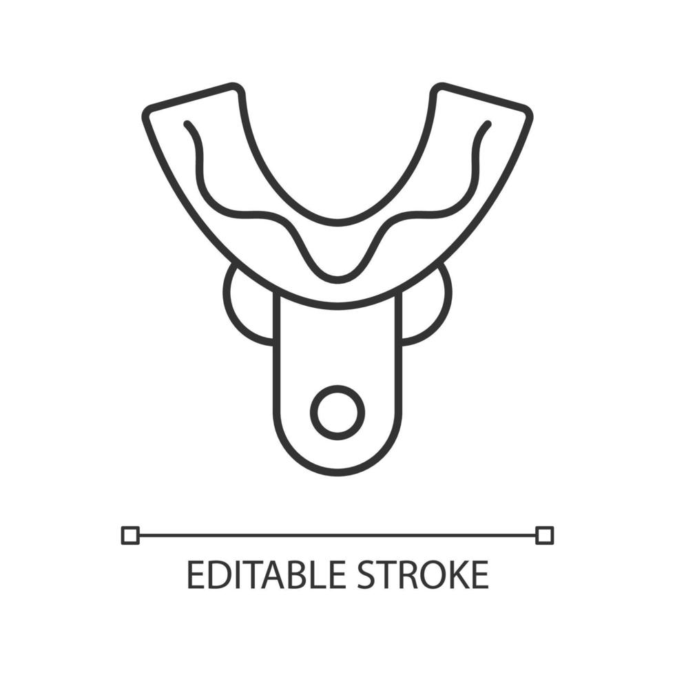 afdruklade lineaire pictogram. constructie van gebitsprothesen. kaakchirurgie. tandheelkundige implantologie. dunne lijn aanpasbare illustratie. contour symbool. vector geïsoleerde overzichtstekening. bewerkbare streek