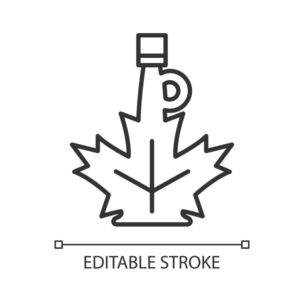 ahornsiroop lineaire pictogram. fles zoete saus gemaakt van esdoornsap. topping van gouden kleur. dunne lijn aanpasbare illustratie. contour symbool. vector geïsoleerde overzichtstekening. bewerkbare streek