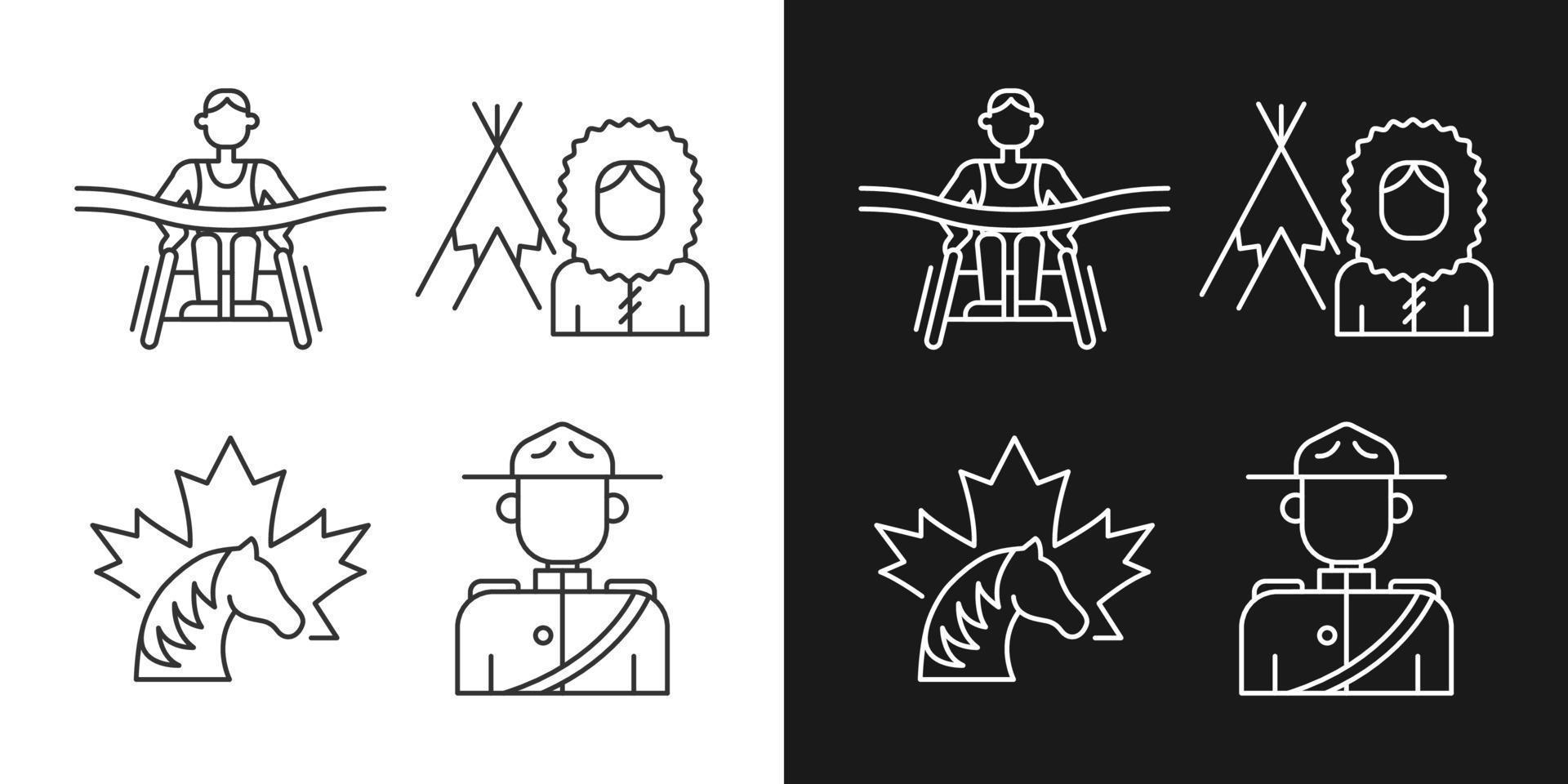 mensen van canada lineaire pictogrammen ingesteld voor donkere en lichte modus. bereden politie-uniform. inuit nationaliteit. aanpasbare dunne lijn symbolen. geïsoleerde vectoroverzichtsillustraties. bewerkbare streek vector