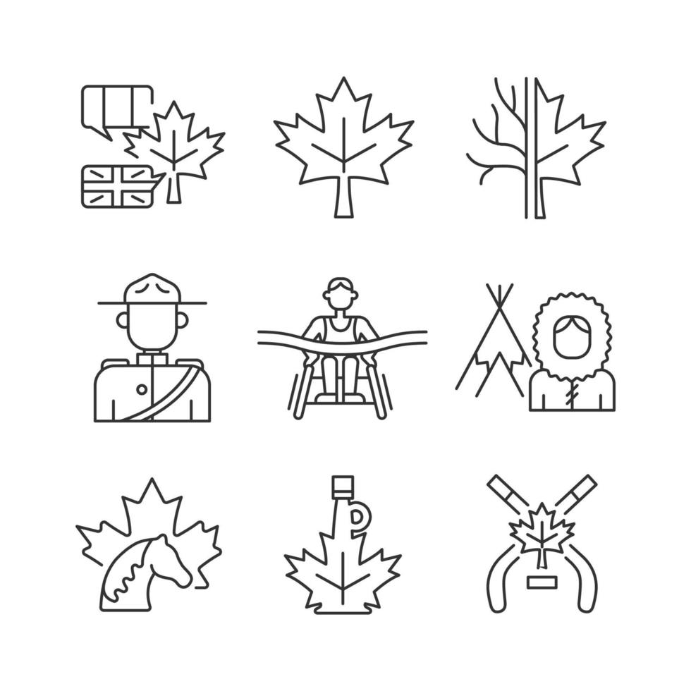 Canadese vertegenwoordiging lineaire iconen set. officiële land symbolen. Nationaal erfgoed. aanpasbare dunne lijncontoursymbolen. geïsoleerde vectoroverzichtsillustraties. bewerkbare streek vector