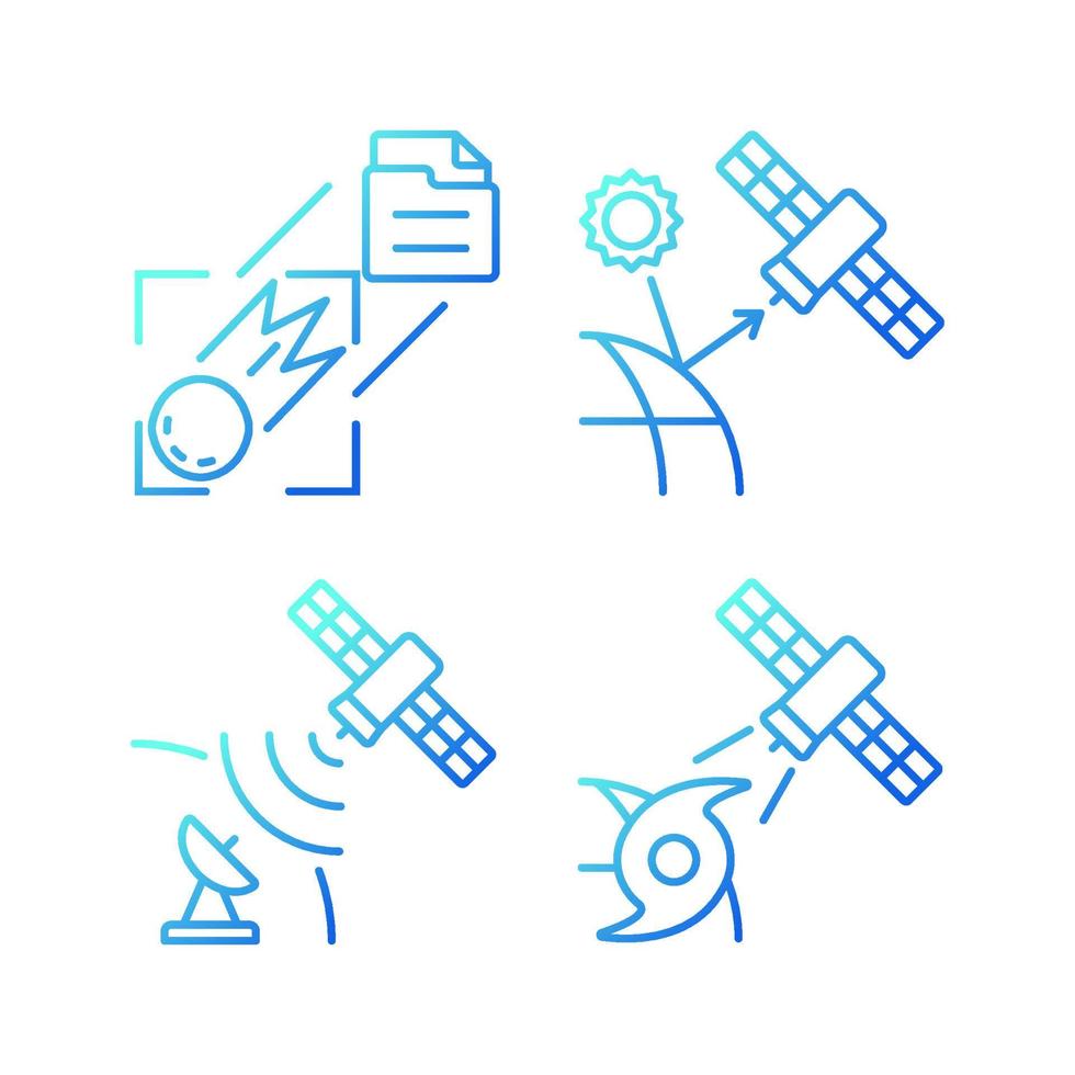 klimaat monitoring satellieten gradiënt lineaire vector iconen set. meteorologisch aardobservatiesysteem. dunne lijn contour symbolen bundel. geïsoleerde overzicht illustraties collectie