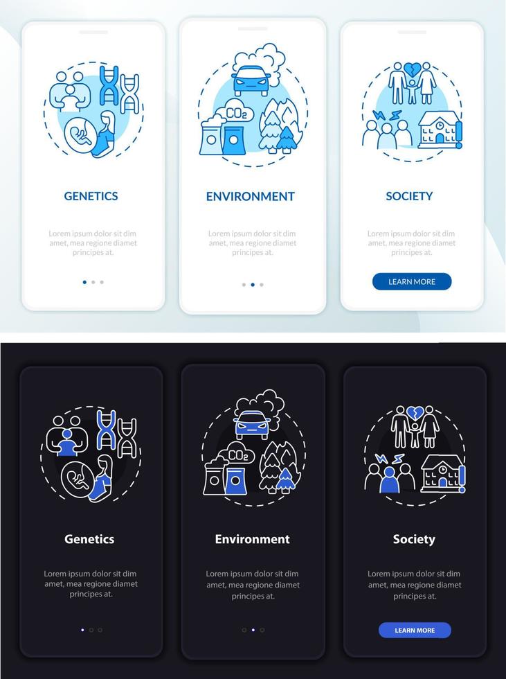 risicofactoren voor het onboarding-paginascherm van mobiele apps. omgeving walkthrough 3 stappen grafische instructies met concepten. ui, ux, gui vectorsjabloon met lineaire nacht- en dagmodusillustraties vector