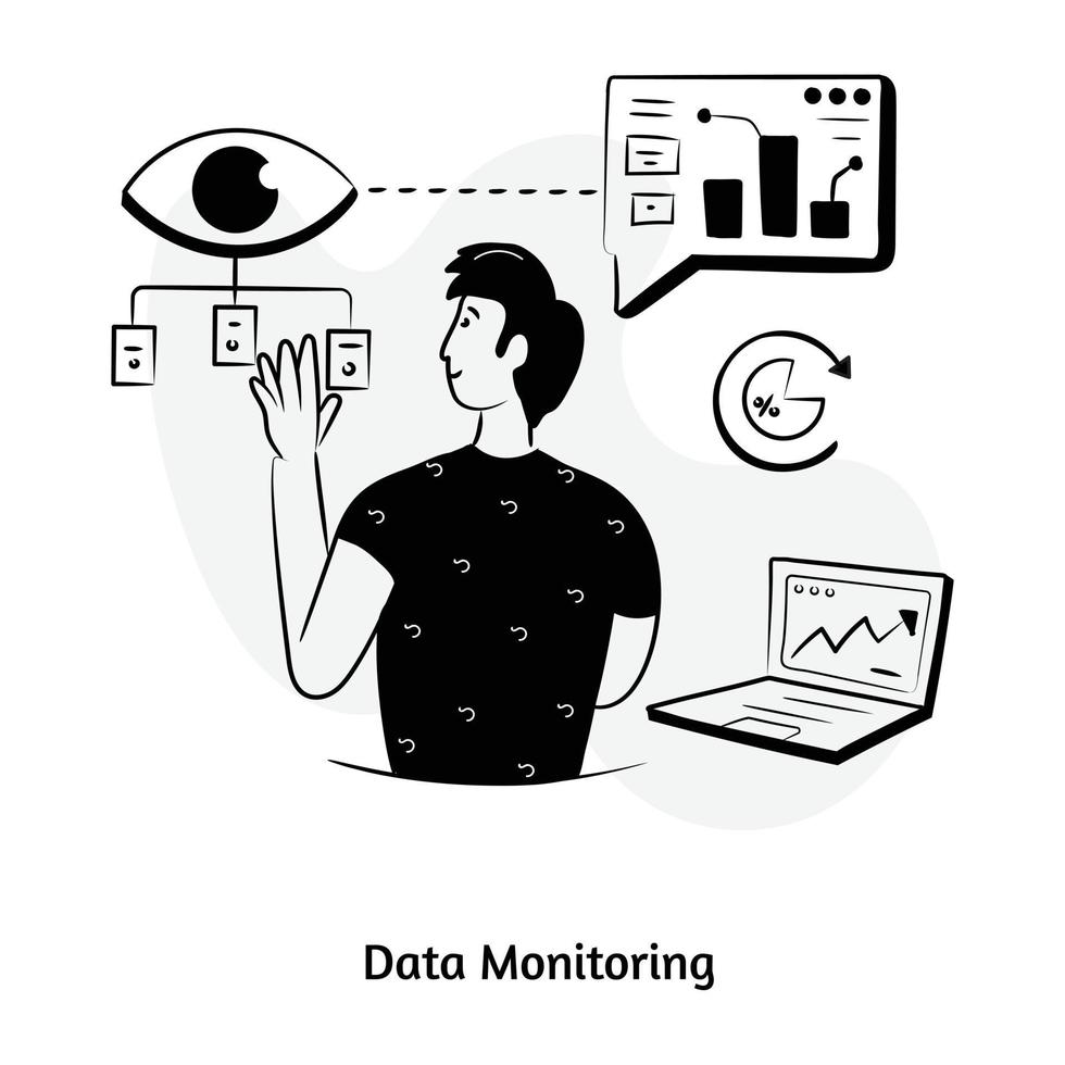 oog met zakelijke grafieken, handgetekende illustratie van gegevensbewaking vector