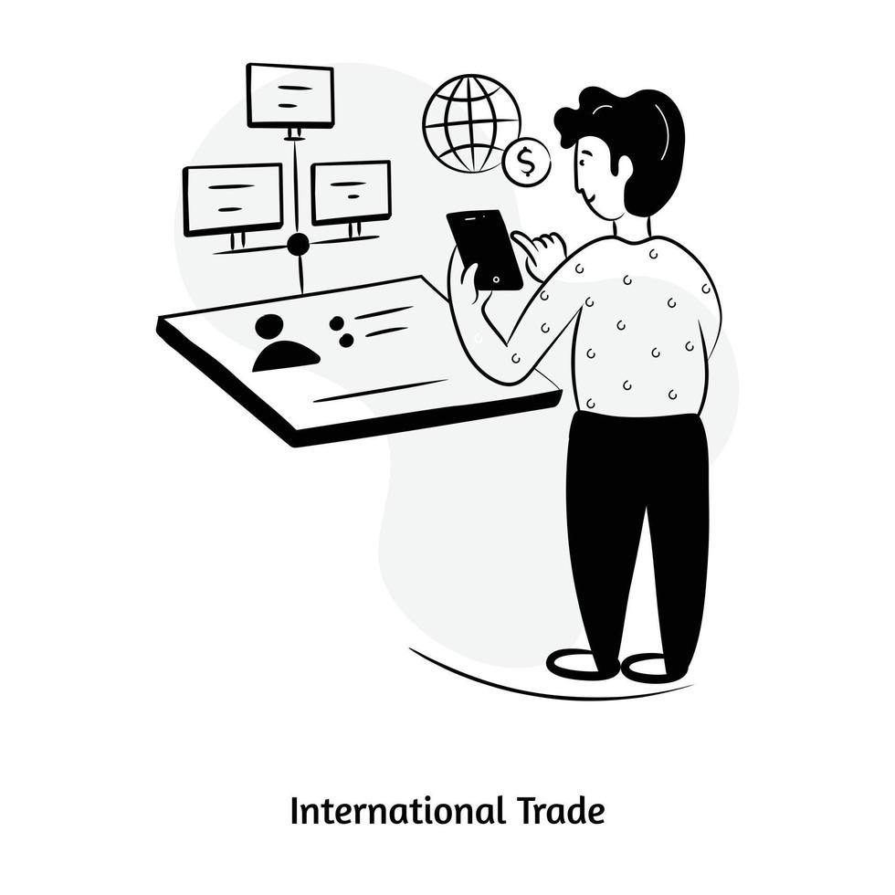 wereldbol met geld dat het concept van internationale handel toont, met de hand getekende illustratie vector