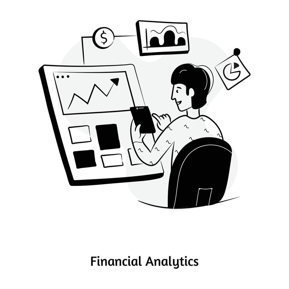 dollar met stijgende pijl en grafiek, met de hand getekende illustratie van financiële analytics vector