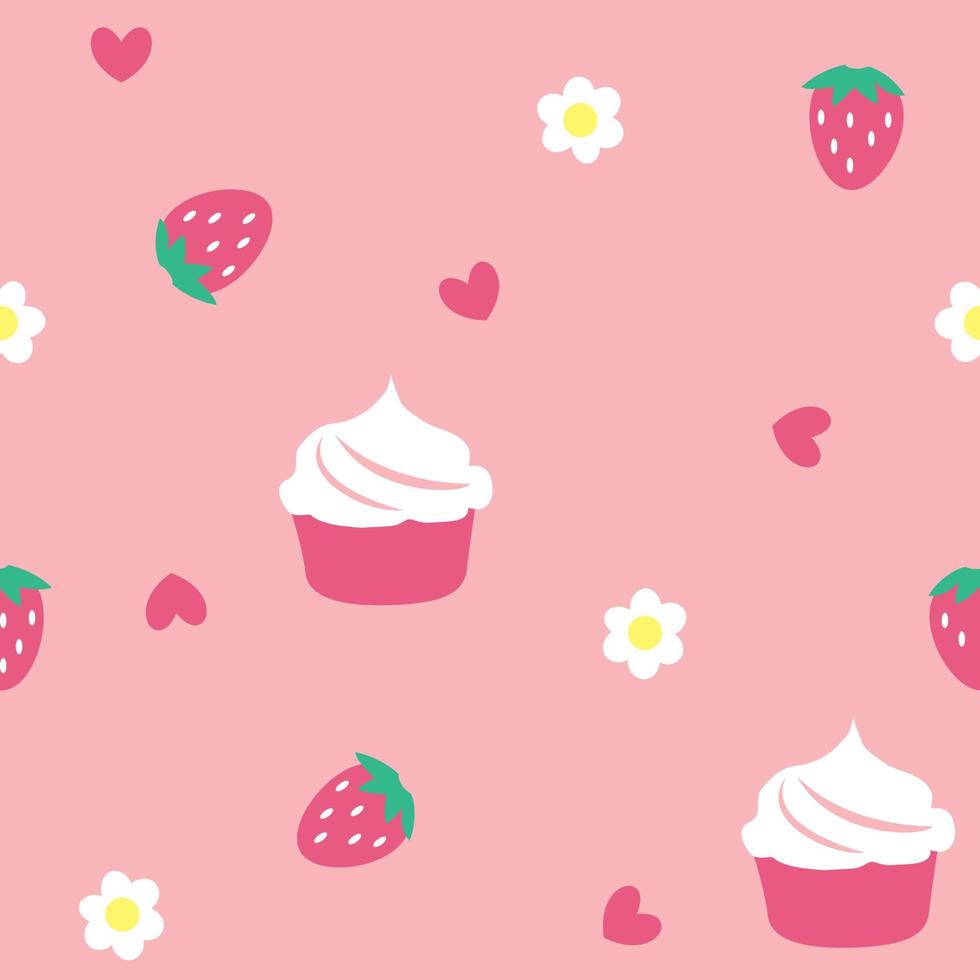 aardbei cupcake tekenfilms patroon. zoete roze achtergrond. het naadloze schattige patroon in een meisjes- of babymode, fris en sappig kleurrijk aardbeienhart in valentijn. vectorontwerp voor mode. vector