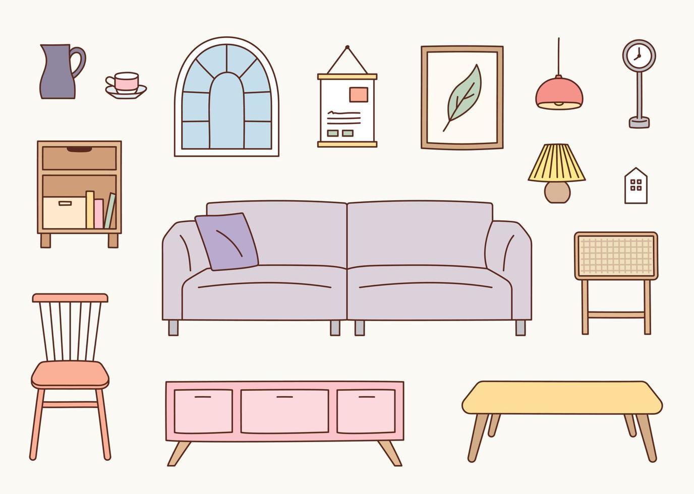 collectie woonkamer interieur meubelen. platte ontwerp stijl vectorillustratie. vector