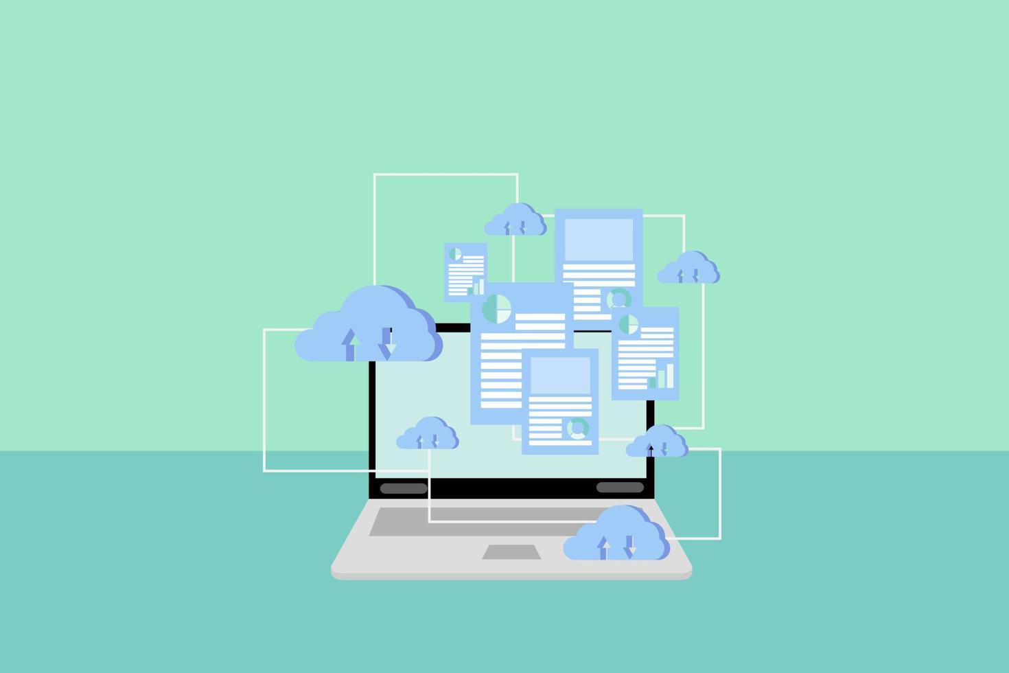 cloud opslag data concept. laptop met blauwe wolkenopslag en datasheet op scherm met lijnverbinding op een groene achtergrond. synchroniseer gegevens met internet en gebruik deze overal. vector