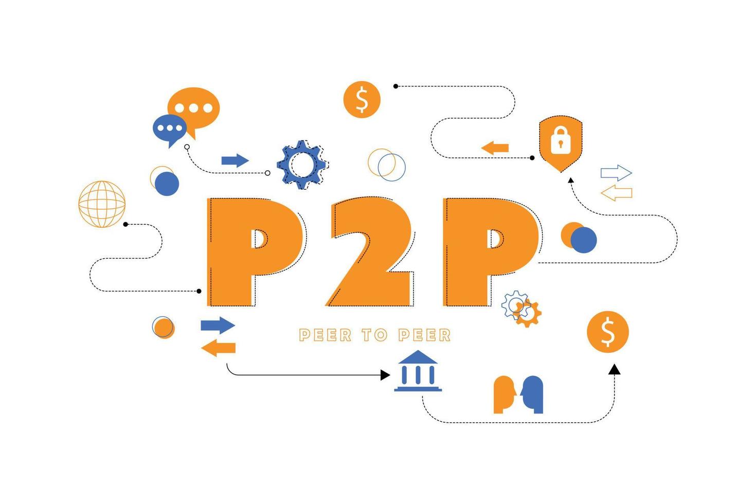 de letter of het woord van p2p peer-to-peer met het pictogram voor presentatie, webbanner, artikel. cryptocurrency transfer geld en high-security concept. vector