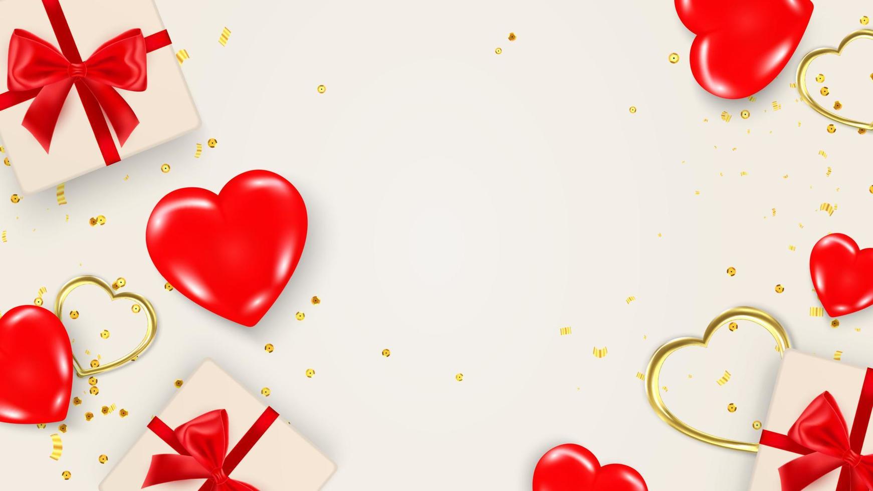 Valentijnsdag banner of kaartsjabloon met decoratieve elementen van glanzende 3D-harten, geschenkdozen, hartvormige frames, pailletten en confetti op beige achtergrond. realistische vectorillustratie vector