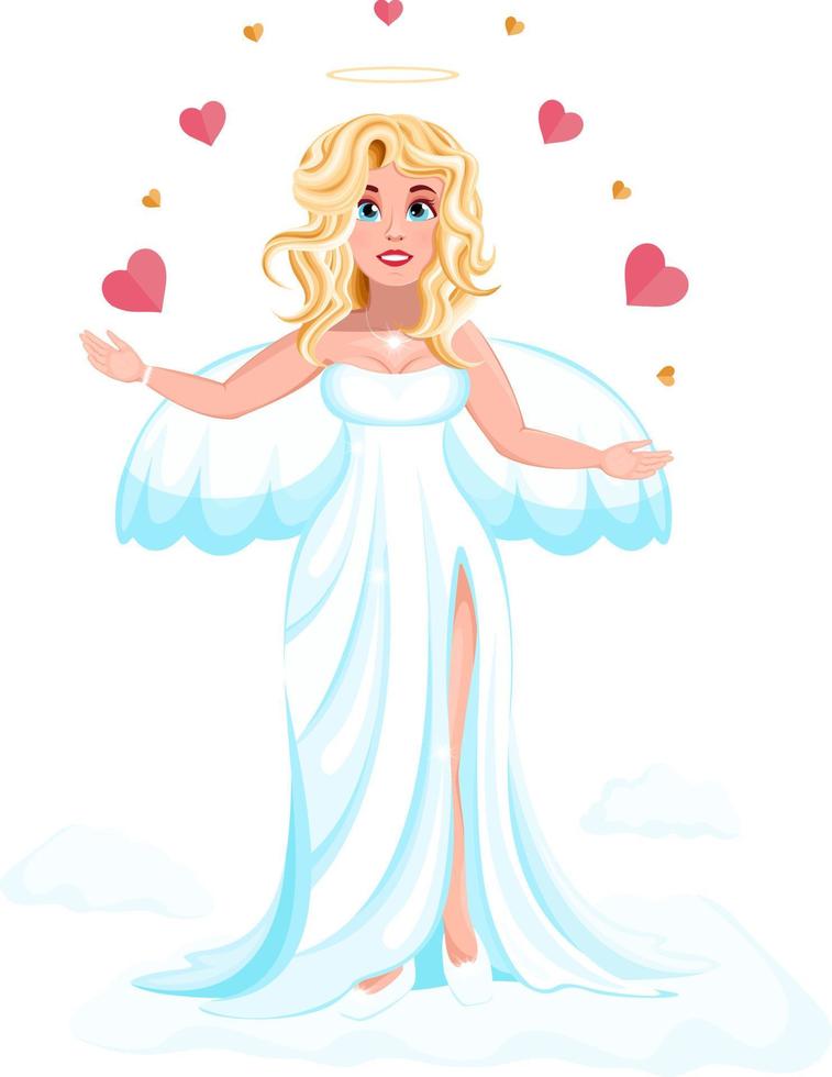 mooi en vrolijk meisje cupido in een witte jurk met hartjes staat op een wolk vector
