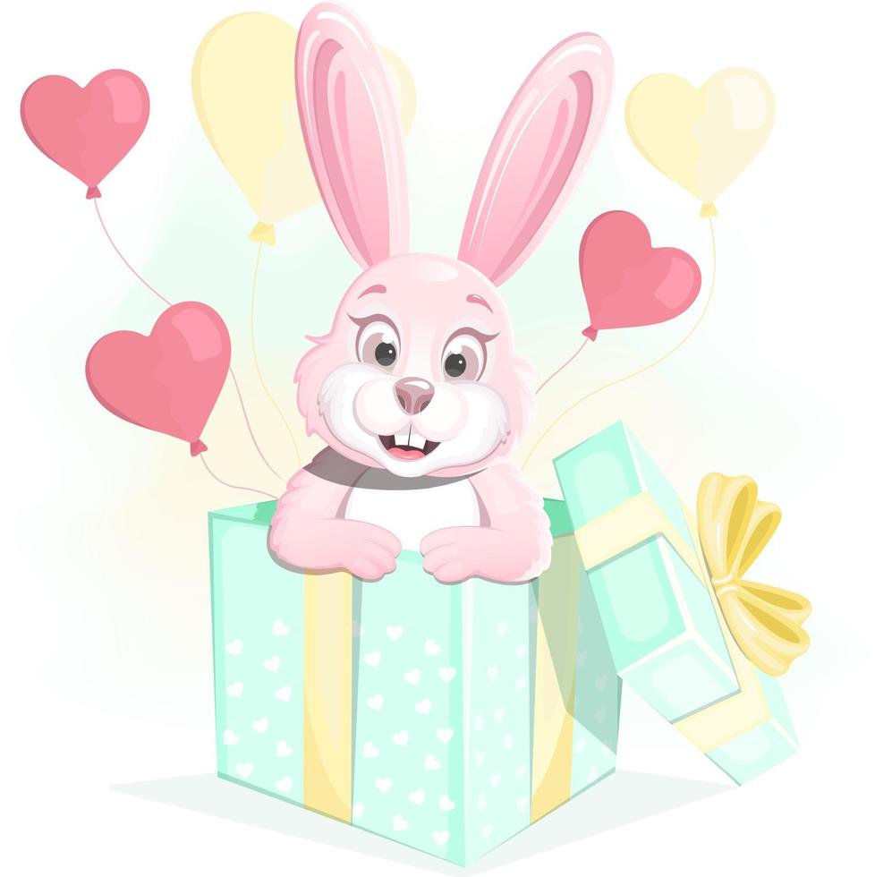 romantisch roze konijn in een geschenkdoos met ballonnen vector