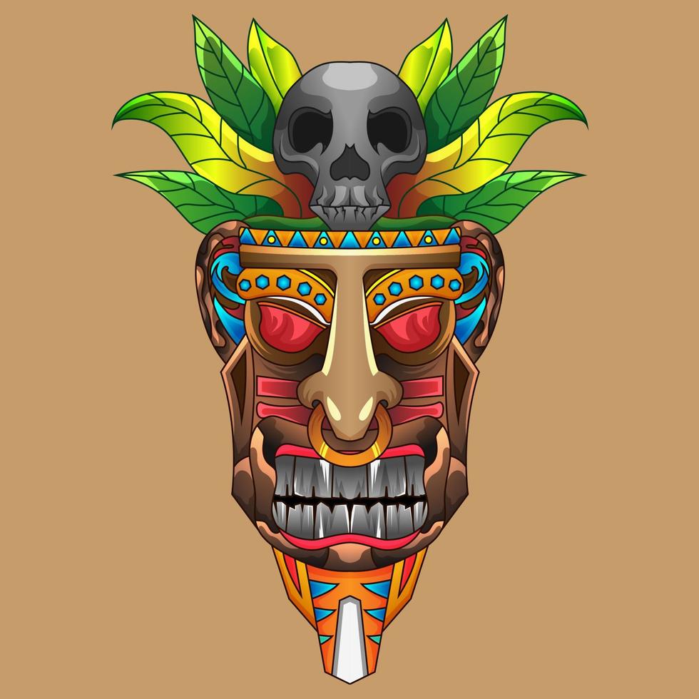 illustratie astec tiki masker fantasie god indiaan in afrika standbeeld hawaiiaans voor kleding tshirt ontwerp en costum vector