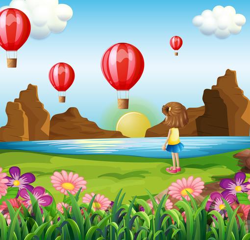 Een meisje dat op de drijvende ballons let vector
