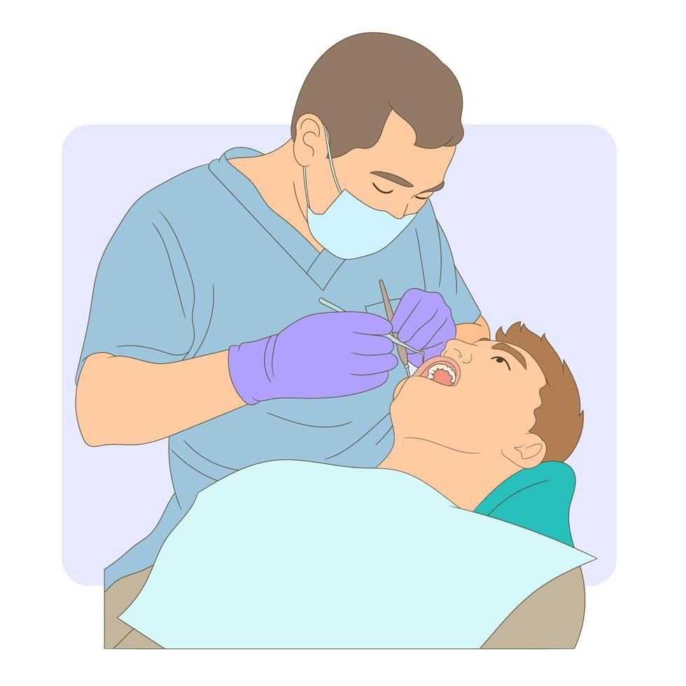 mannelijke tandarts die behandeling maakt in een kliniek, tandartsdag. vector
