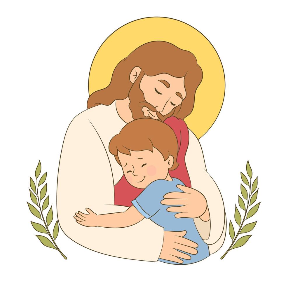 Jezus knuffelt een kleine jongen, voelt liefde en zorg, in de armen van de verlosser. vector