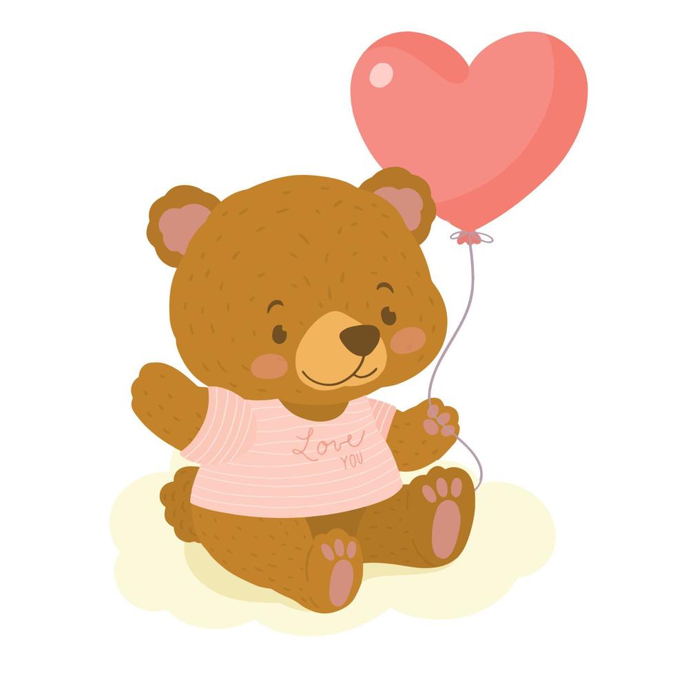 Valentijnsteddybeer die een ballon in de vorm van een hart hangt. vector