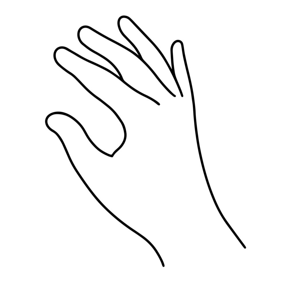 de rechterhand zwaait. hand getekende vector pictogram geïsoleerd op een witte achtergrond. gebaar van groet, vaarwel, handpalm omhoog. eenvoudige zwart-wit schets, overzicht, doodle. platte clipart