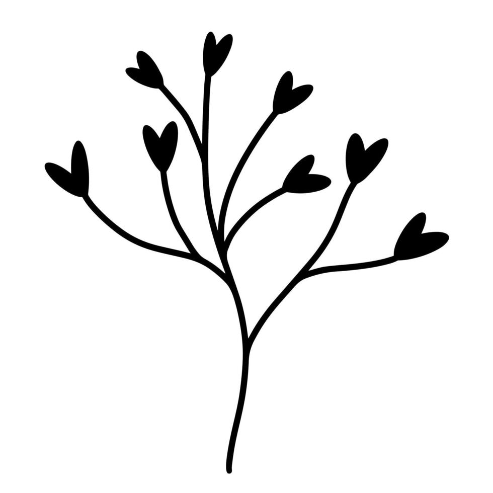 tak met bladeren in de vorm van harten vector icoon. handgetekende illustratie geïsoleerd op een witte achtergrond. zwart silhouet van een takje. plant schets. wilde bloem monochroom doodle.