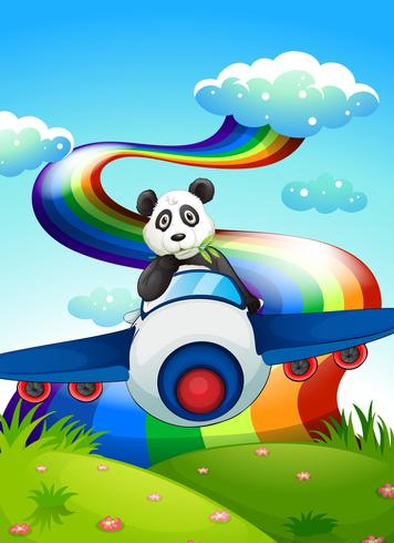 Een vliegtuig met een panda in de buurt van de regenboog vector