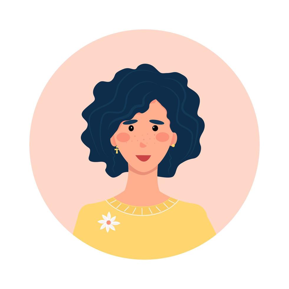 vrouw avatar, portret van een jonge brunette met krullend haar vector