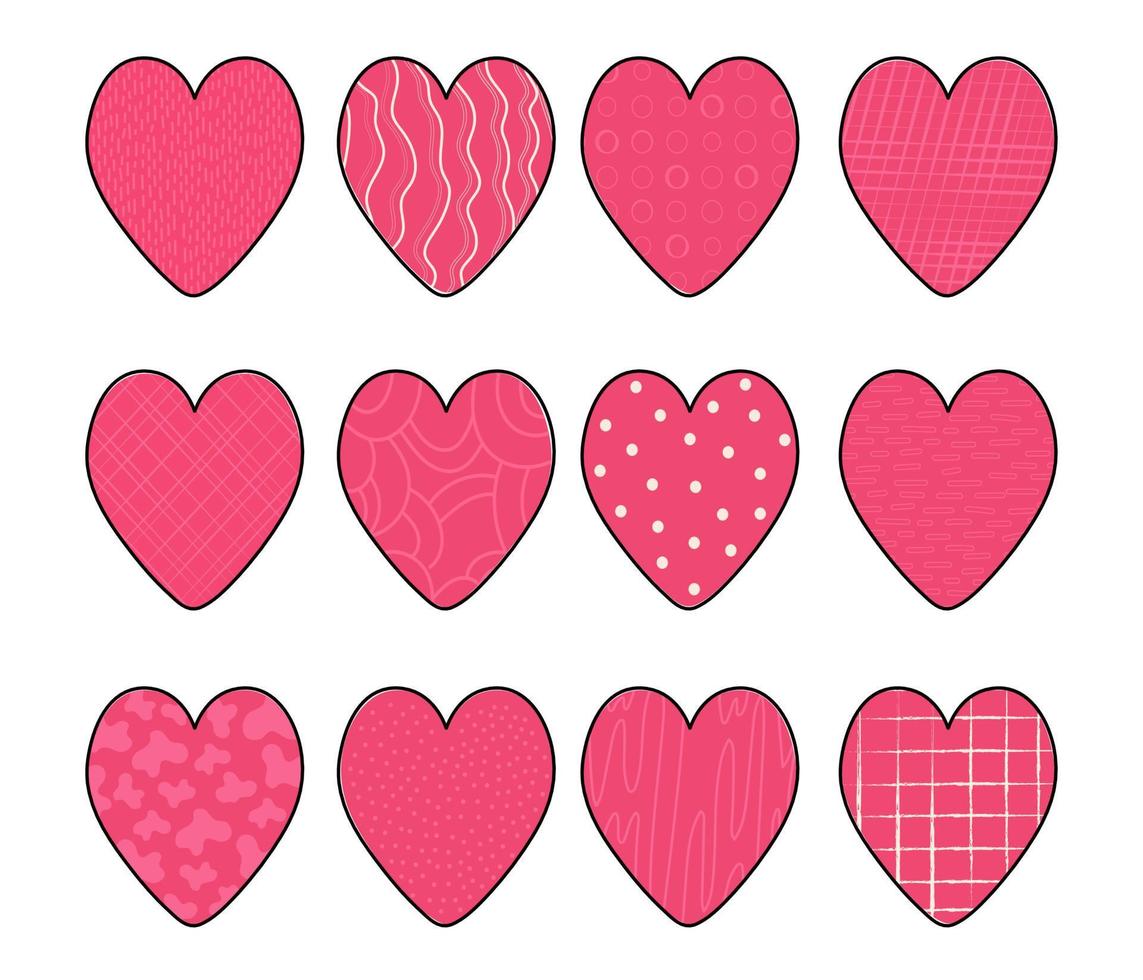 set van Valentijnsdag harten doodles. 12 harten van trendkleuring. hand getekend vector effect