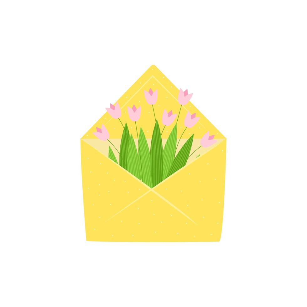 open envelop met een boeket roze tulpen. gele envelop met witte stippen. ontwerp van posts op sociale media, stickers, kaarten. lente minimalisme op 8 maart. vectorillustratie vector