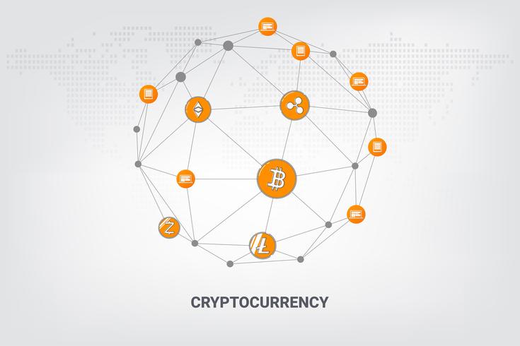 Digitale geld cryptocurrency blockchain netwerktechnologie online geometrische achtergrond. vector illustratie.