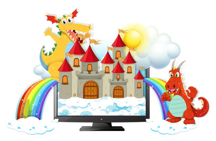 Draken en kasteel op computerscherm vector