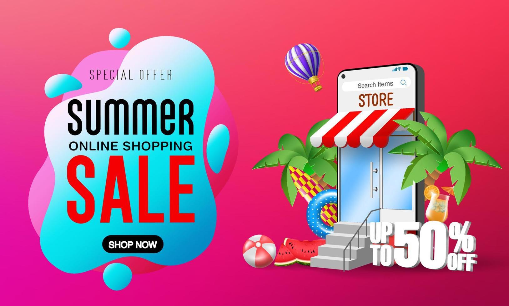 zomer verkoop vector banner ontwerp. zomer online winkelen verkoop tekst met smartphone online applicatie winkel voor tropische seizoen speciale aanbieding promo korting. vector illustratie