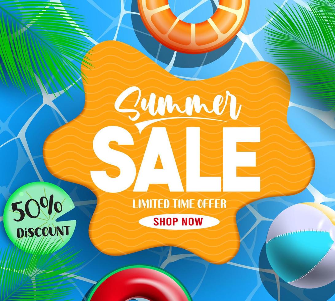 zomer verkoop vector sjabloonontwerp. zomer verkoop tekst op zwembad achtergrond met floater en beachball elementen voor tropische seizoen korting promo advertentie. vector illustratie