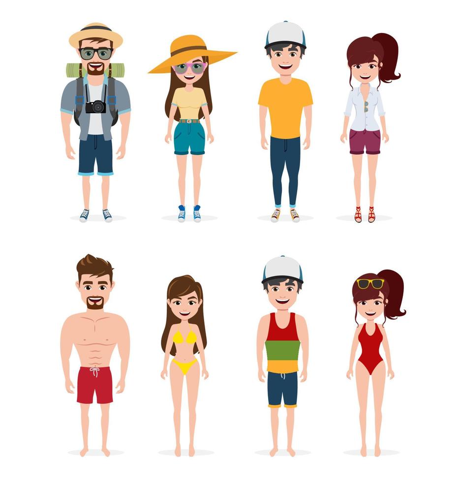 zomer tekens vector set. toeristische karakter dragen van reizen en zomer outfit in staande pose voor vakantie seizoen geïsoleerd op een witte achtergrond. vectorillustratie.