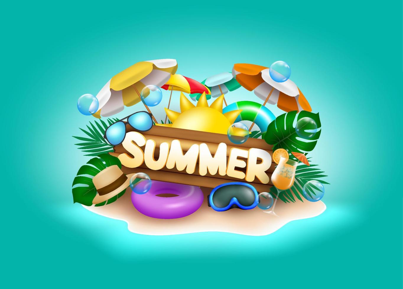 zomer vector banner ontwerp. zomertekst op eiland met kleurrijk strandelement zoals zon, paraplu, drijver en bril op groene zeeachtergrond.
