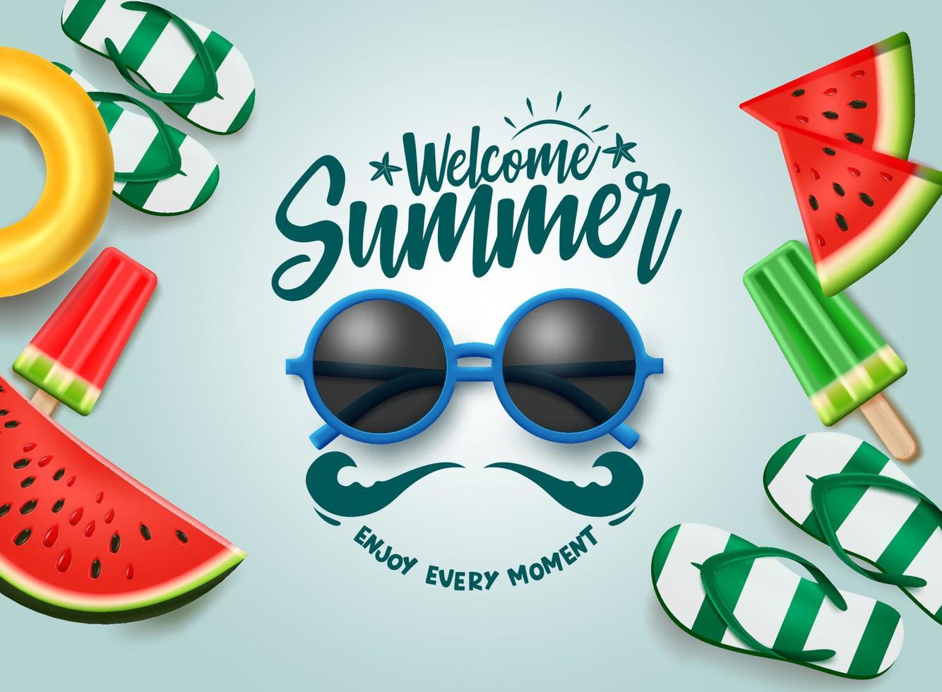 zomer vector banner ontwerp. welkom zomertekst met zonnebril, tropisch fruit en strandelementen voor vakantieseizoen. vectorillustratie.