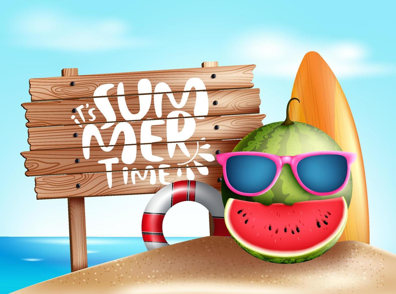zomer vector conceptontwerp. het is zomertijdtekst met watermeloenfruit dat een zonnebril en surfplankelementen draagt op de achtergrond van de strandzee. vector illustratie