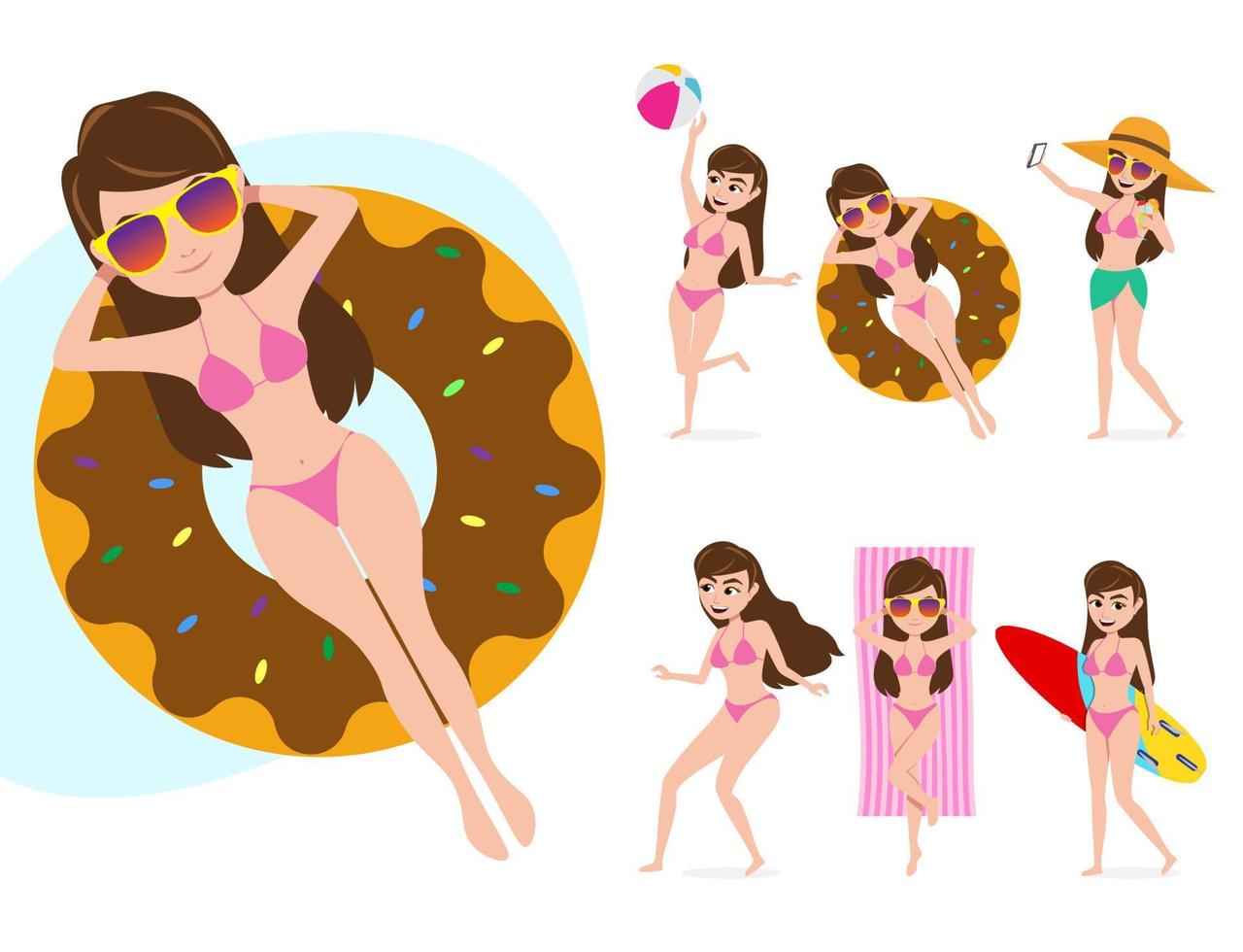 vrouwelijke zomer tekenset vector. vrouwelijke personages in verschillende zomeractiviteiten zoals zweven met floater donuts, strandbal spelen, zonnebaden en surfen geïsoleerd op een witte achtergrond. vector