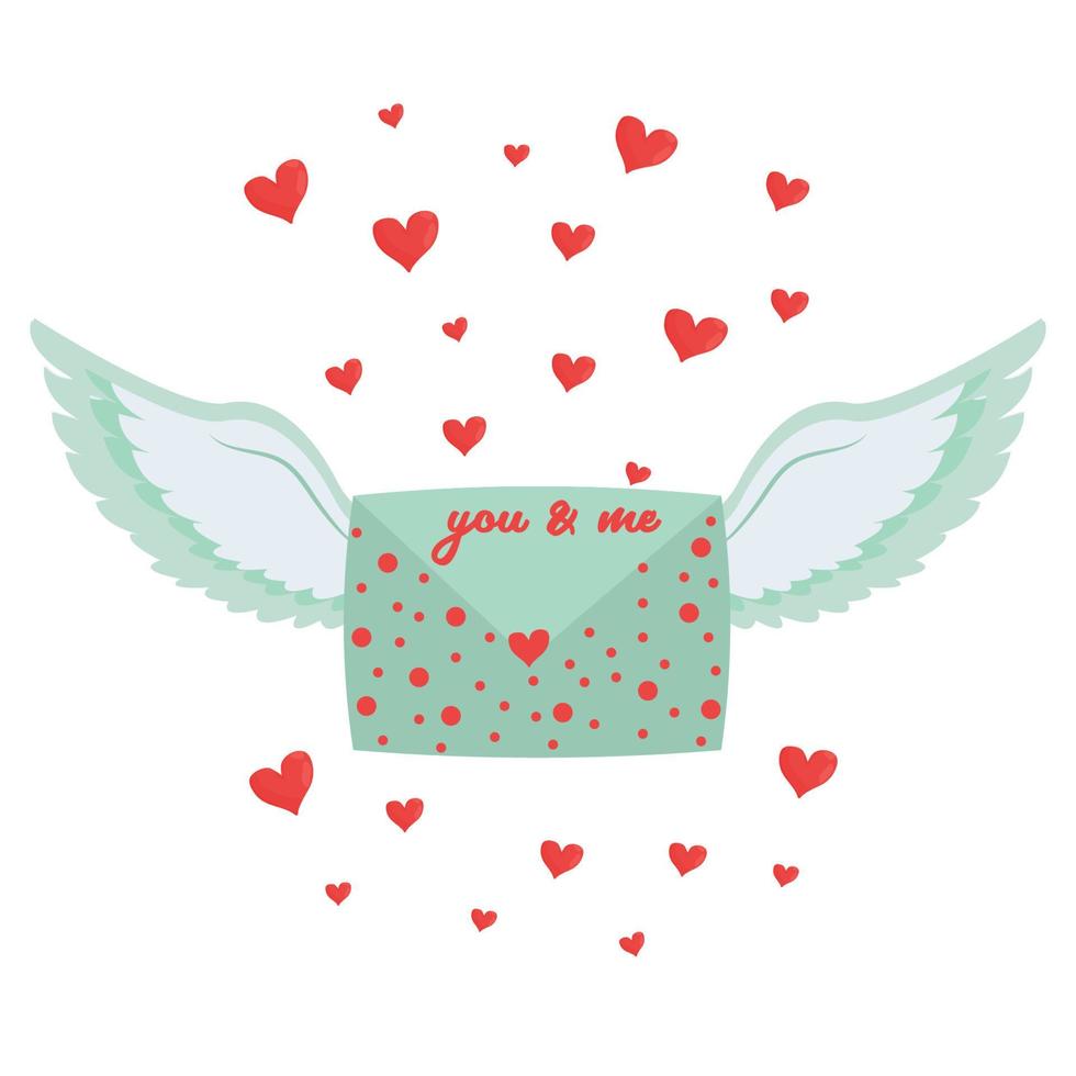 leuke romantische liefdesbrief met vleugels en harten geïsoleerd op een witte achtergrond. sms jou en mij. decoratie, ontwerpelement, clipart voor valentijnsdagviering, vector