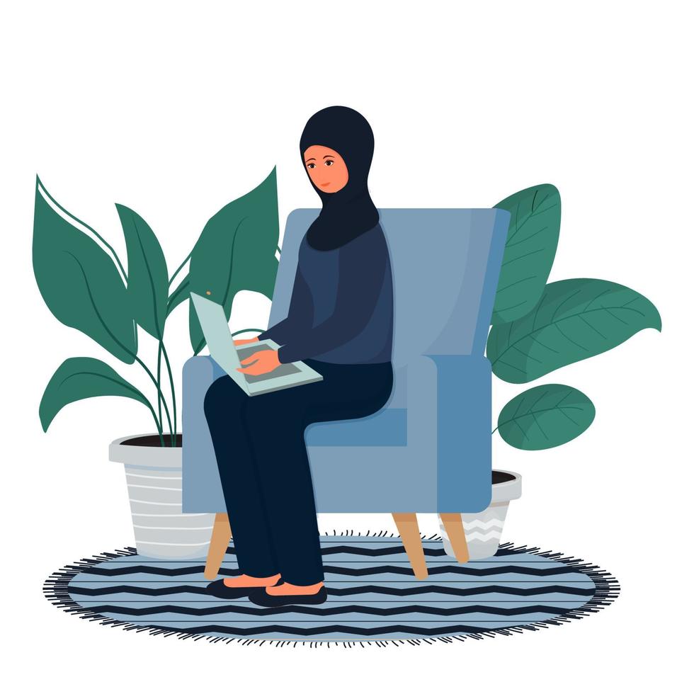 moslim, arabische vrouw zitten en werken met laptop in hijab, traditionele kleding. online onderwijs, freelance concept, comfortabele werkplek geïsoleerd op een witte achtergrond. . vector illustratie