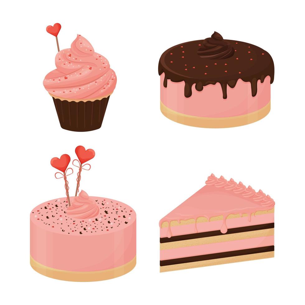 set van gedetailleerde kleurrijke desserts voor romantische gelegenheden Valentijnsdag, dating, bruiloft in roze kleuren geïsoleerd op een witte achtergrond. eten, gebak elementen, collectie. vector illustratie