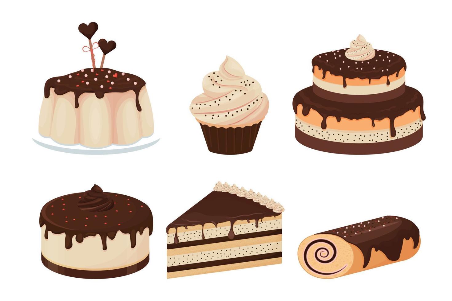 set van gedetailleerde desserts geglazuurd met chocolade cupcake, cheesecake, pudding, cake geïsoleerd op een witte achtergrond. heerlijke collectie clipart, ontwerpelement. vector illustratie